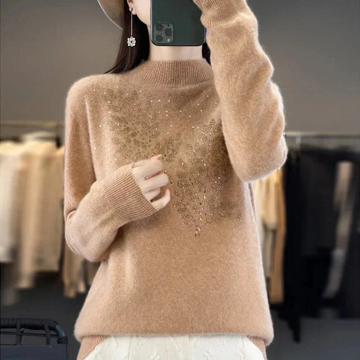 Rhinestone Leaf Pattern Mock Neck Knit Sweater