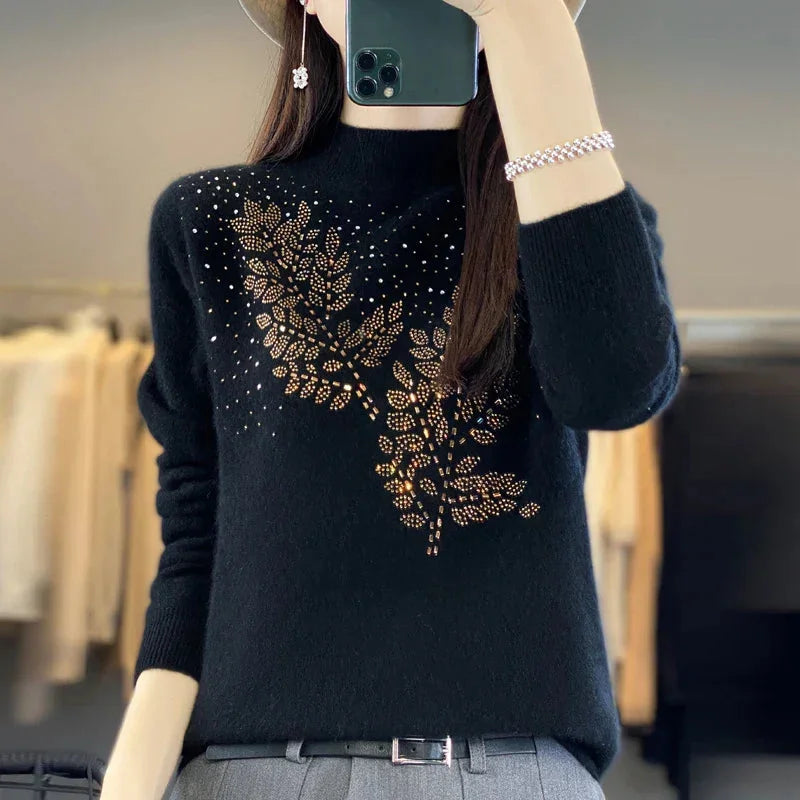 Rhinestone Leaf Pattern Mock Neck Knit Sweater