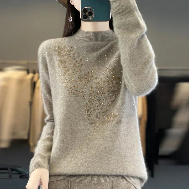 Rhinestone Leaf Pattern Mock Neck Knit Sweater