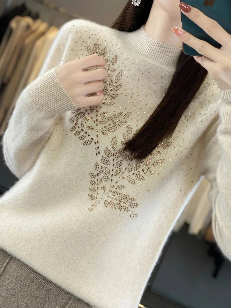 Rhinestone Leaf Pattern Mock Neck Knit Sweater