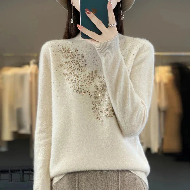 Rhinestone Leaf Pattern Mock Neck Knit Sweater