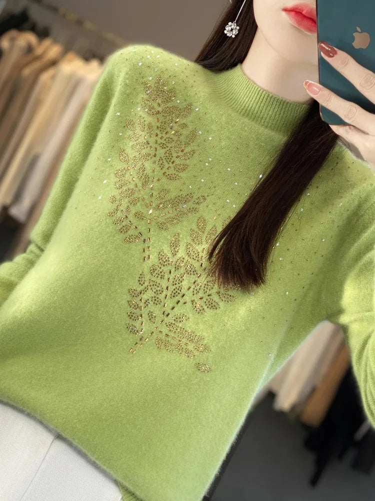 Rhinestone Leaf Pattern Mock Neck Knit Sweater