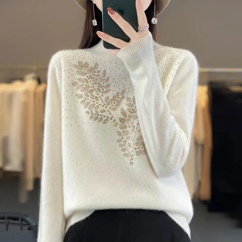 Rhinestone Leaf Pattern Mock Neck Knit Sweater
