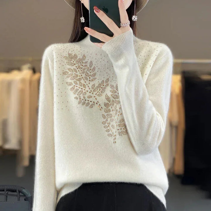 Rhinestone Leaf Pattern Mock Neck Knit Sweater