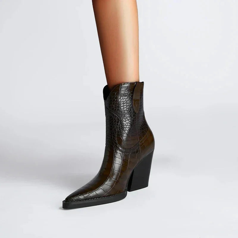 Croc-Embossed Western Ankle Boots
