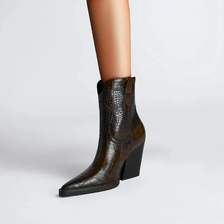 Croc-Embossed Western Ankle Boots