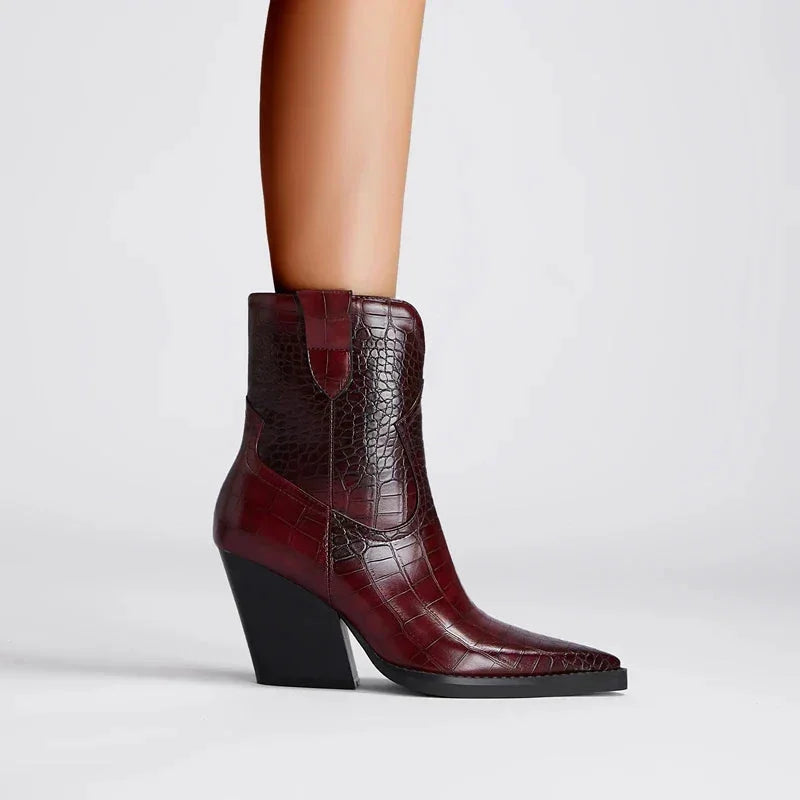 Croc-Embossed Western Ankle Boots