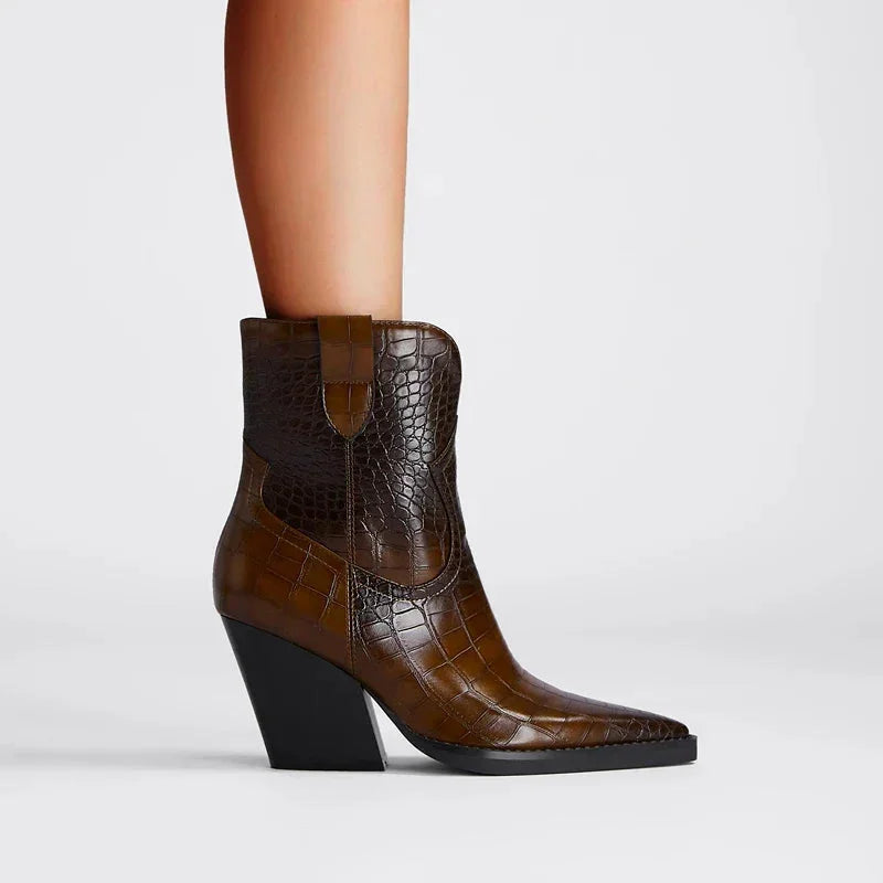 Croc-Embossed Western Ankle Boots
