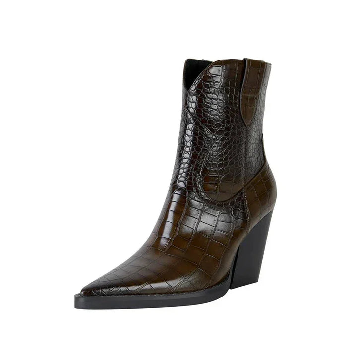 Croc-Embossed Western Ankle Boots