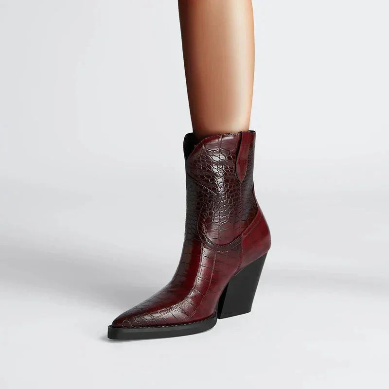 Croc-Embossed Western Ankle Boots