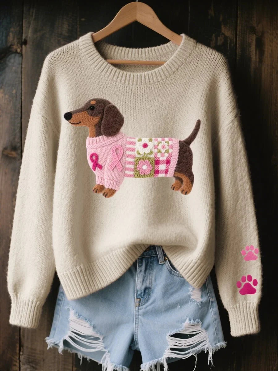 Dachshund Patchwork Crewneck Knit Sweater