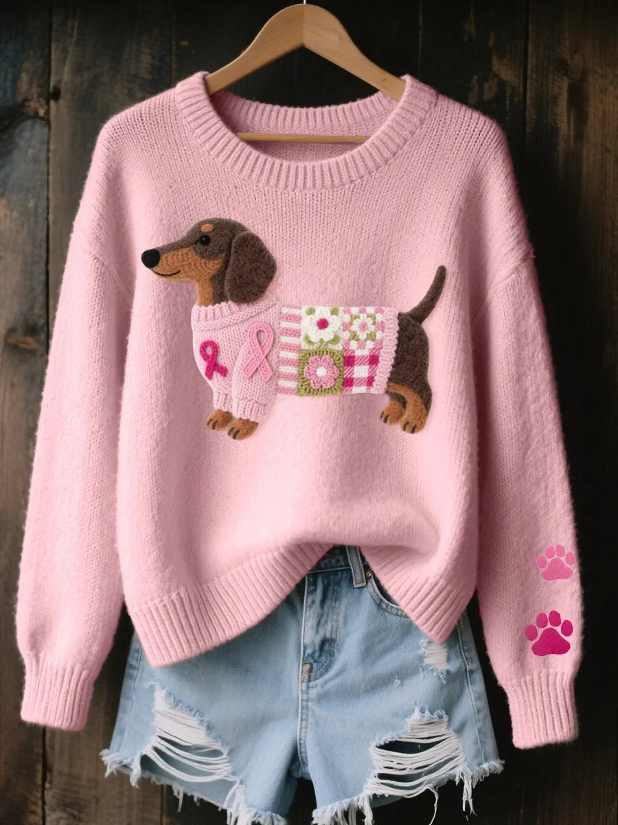 Dachshund Patchwork Crewneck Knit Sweater