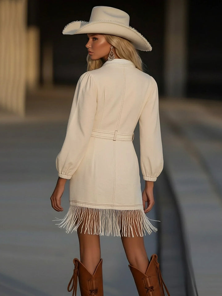 Denim Fringe Mini Dress with Collared V-Neck and Puffed Sleeves