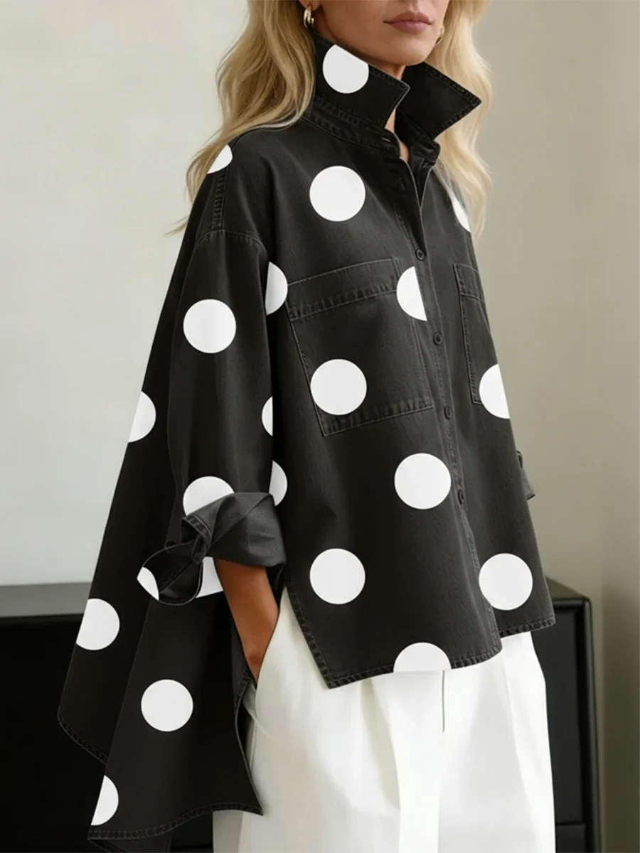 Polka Dot Oversized Shirt With High-Low Hem