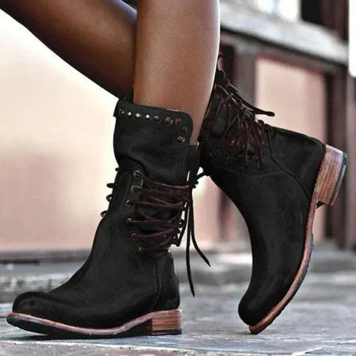 Distressed Leather Lace-Up Boots with Studded Cuff