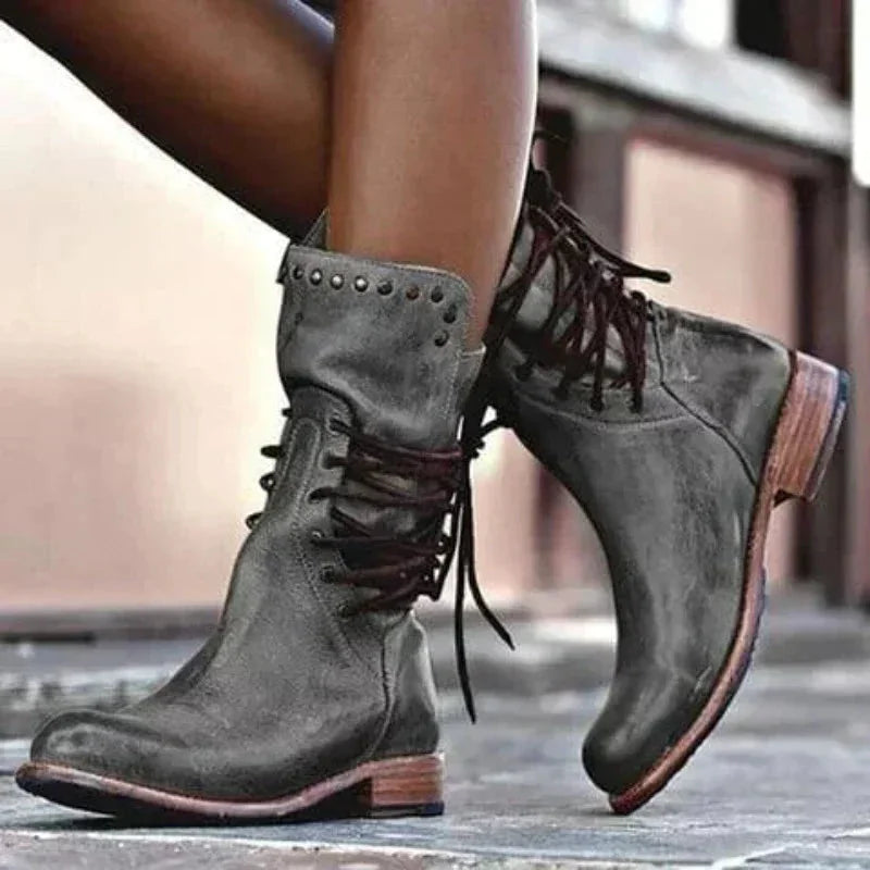Distressed Leather Lace-Up Boots with Studded Cuff