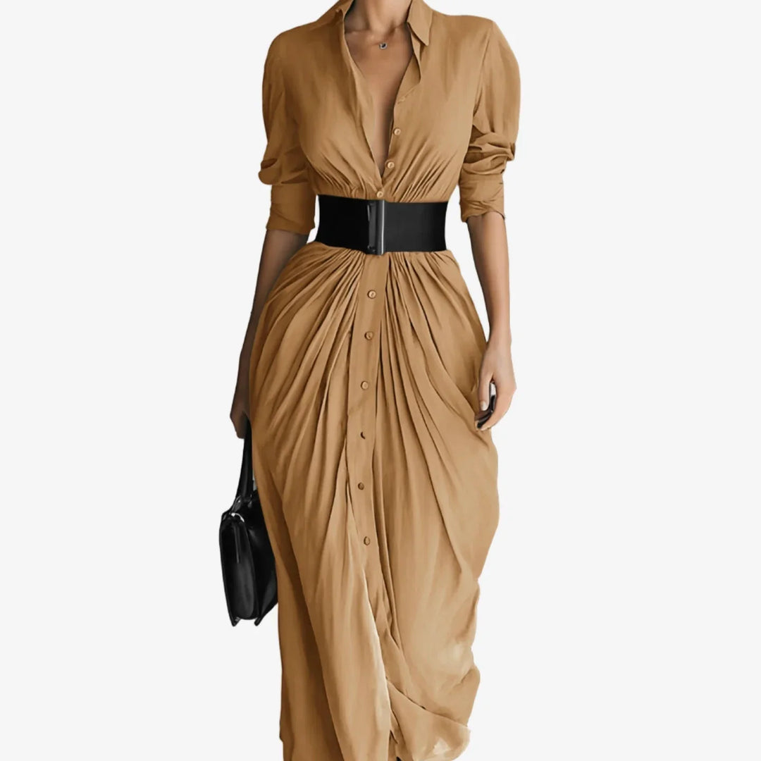 Draped Collared Midi Dress with Button Front
