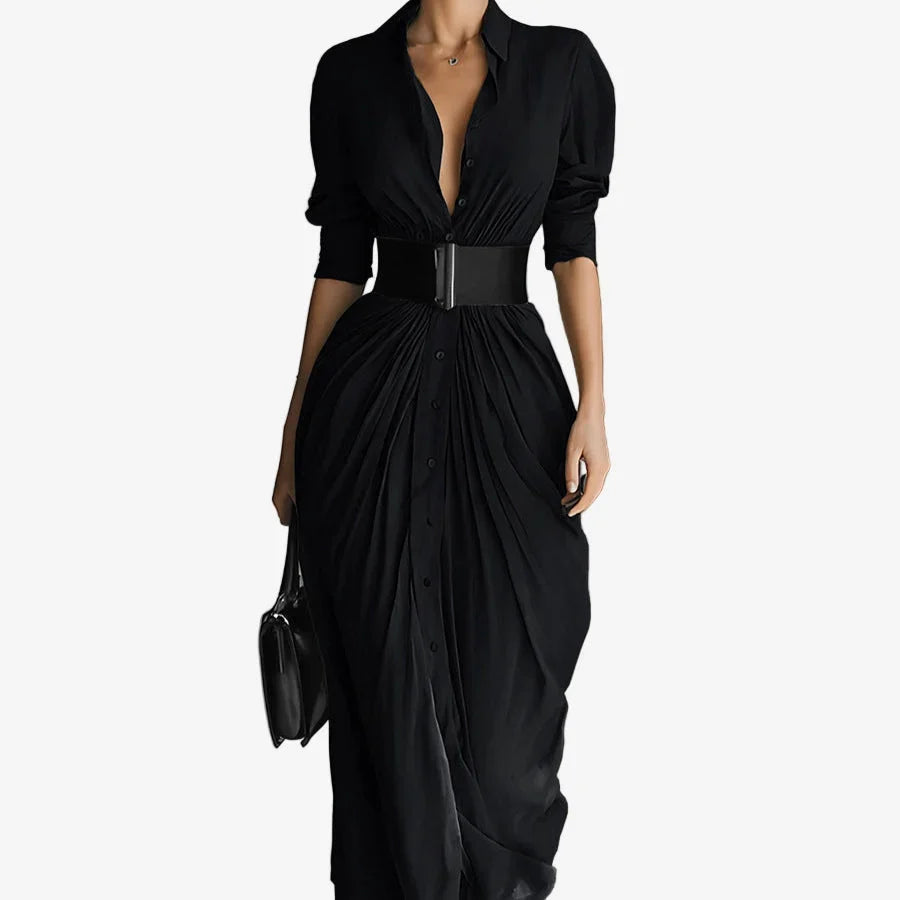 Draped Collared Midi Dress with Button Front