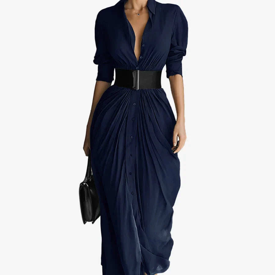 Draped Collared Midi Dress with Button Front