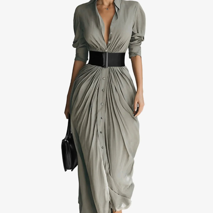 Draped Collared Midi Dress with Button Front