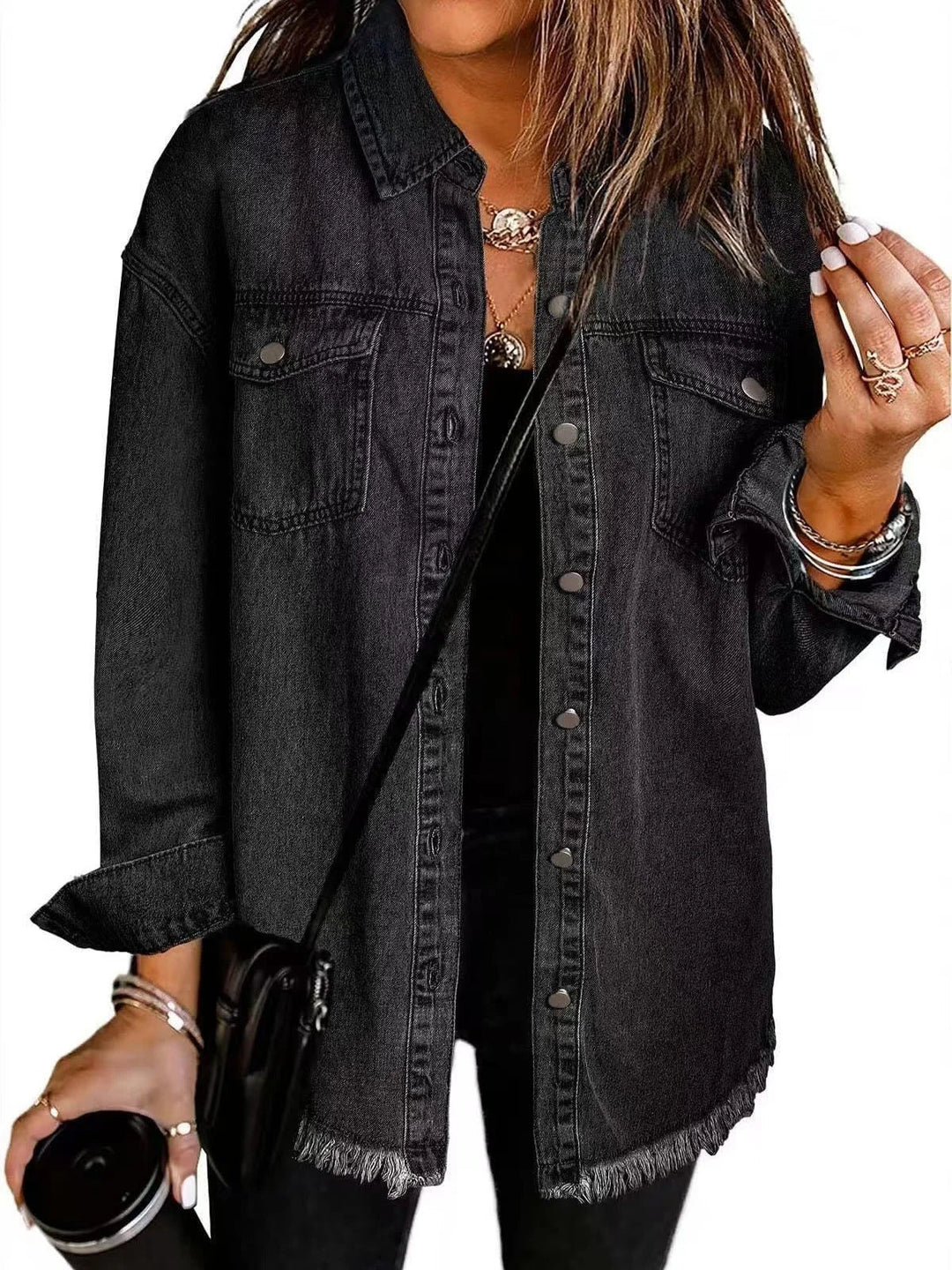 Distressed Denim Jacket with Frayed Hem