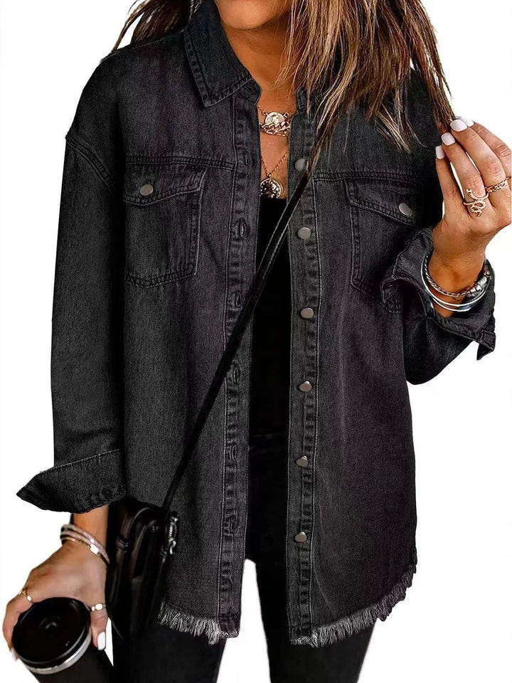 Distressed Denim Jacket with Frayed Hem