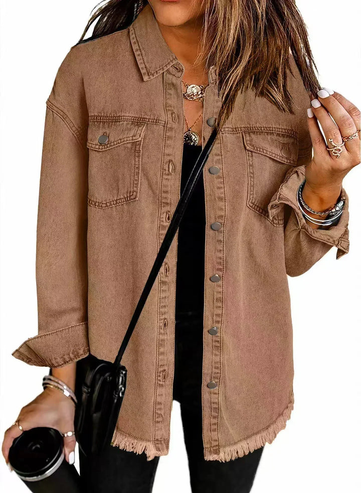 Distressed Denim Jacket with Frayed Hem