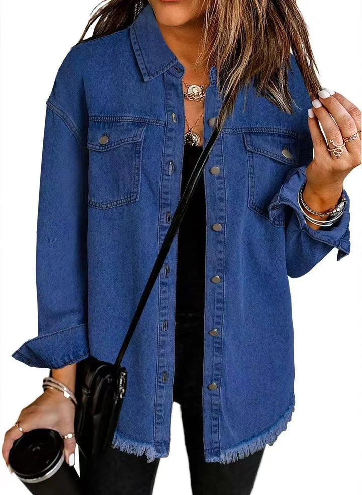 Distressed Denim Jacket with Frayed Hem