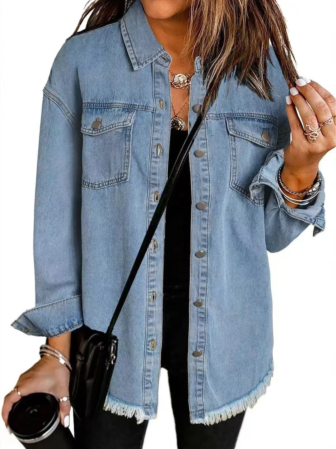 Distressed Denim Jacket with Frayed Hem