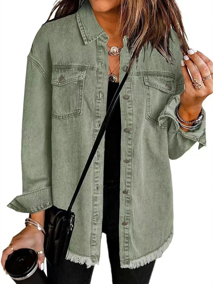Distressed Denim Jacket with Frayed Hem