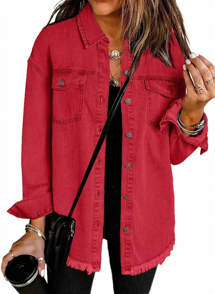 Distressed Denim Jacket with Frayed Hem