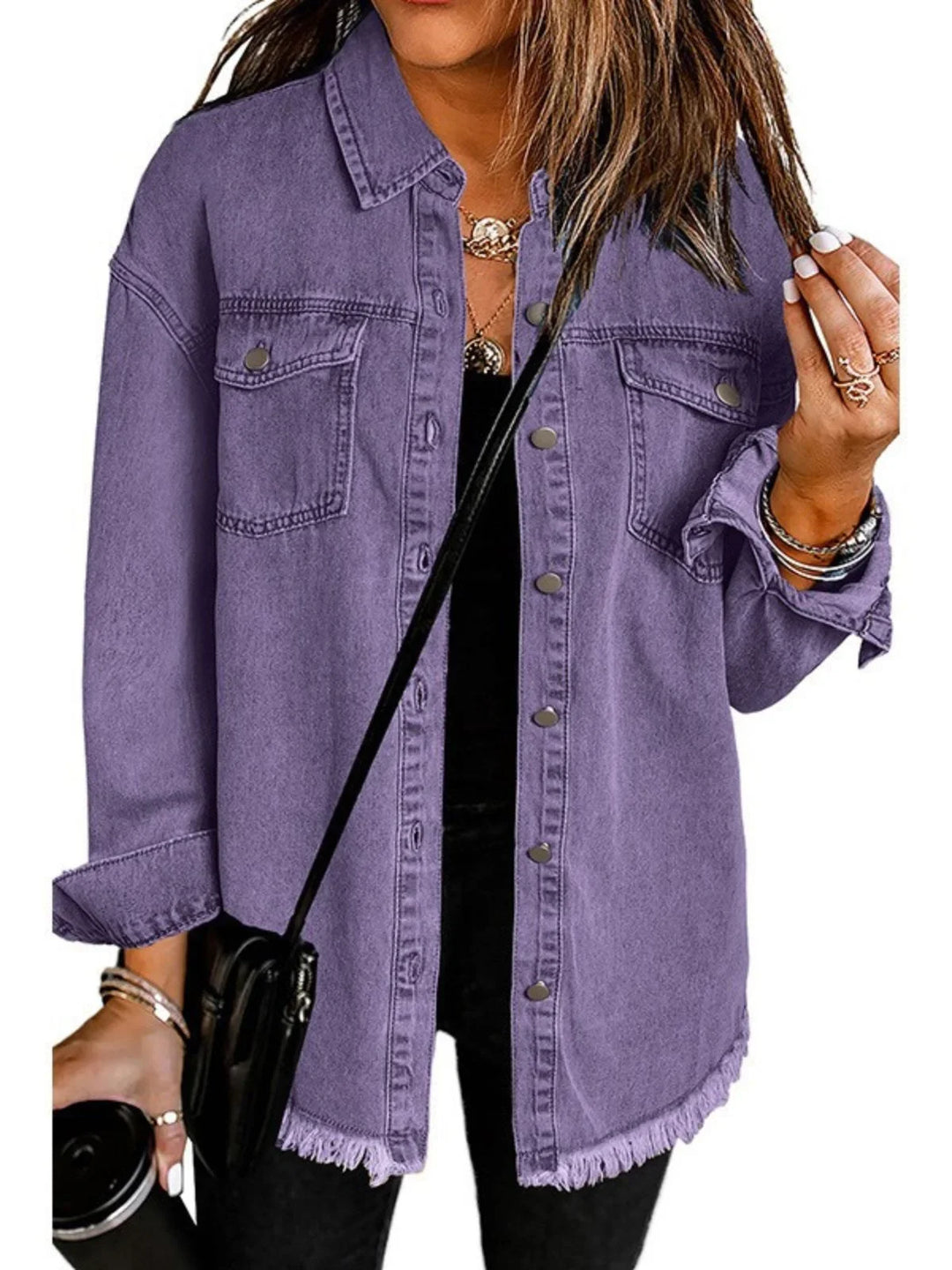 Distressed Denim Jacket with Frayed Hem
