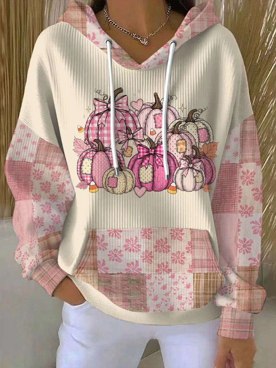 Fall Patchwork Pumpkin Hoodie with Drawstring V-Neck