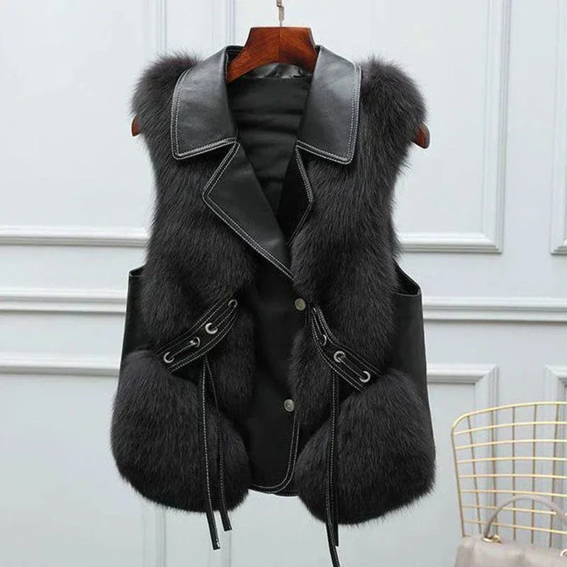 Faux Fur And Leather Lapel Vest