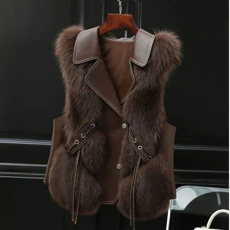 Faux Fur And Leather Lapel Vest
