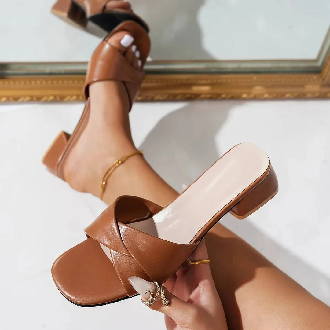 Women's Faux Leather Crossover Strap Block Heel Slides