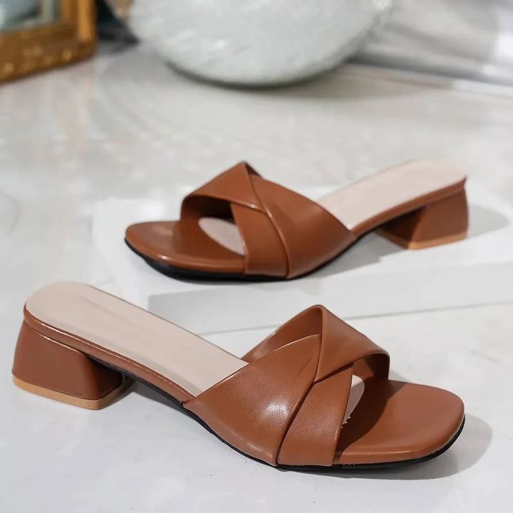 Women's Faux Leather Crossover Strap Block Heel Slides