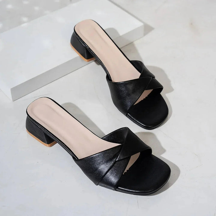 Women's Faux Leather Crossover Strap Block Heel Slides