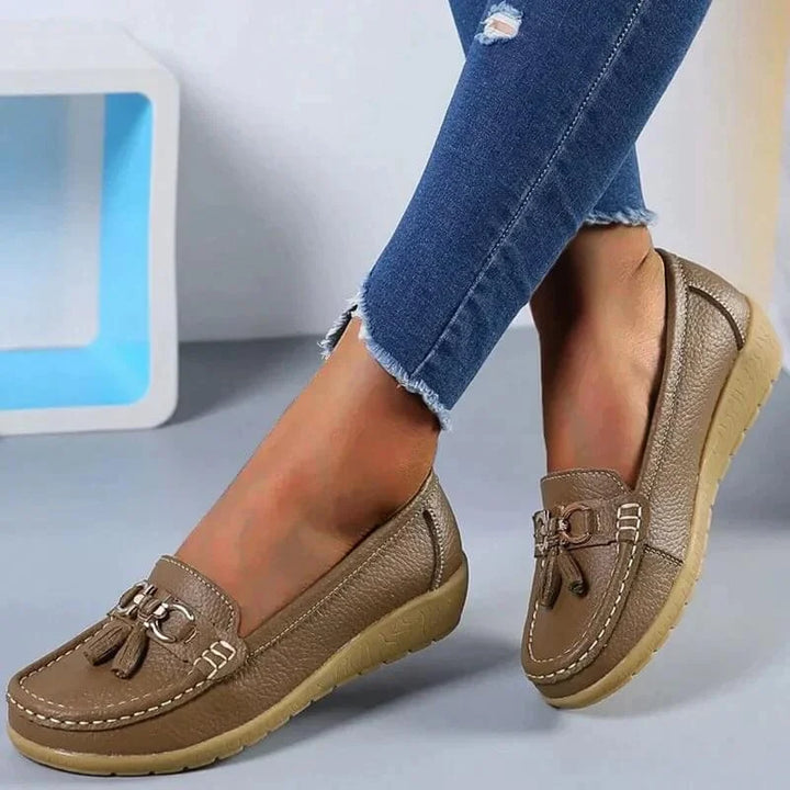 Flat Moc-Toe Tassel Loafers with Gold-Tone Buckle