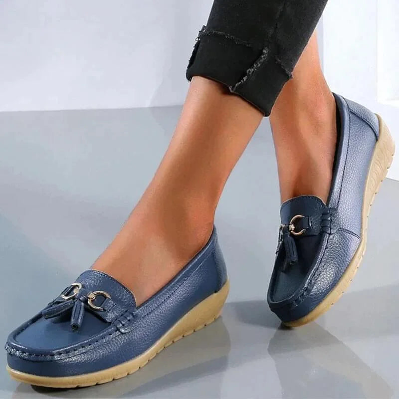 Flat Moc-Toe Tassel Loafers with Gold-Tone Buckle