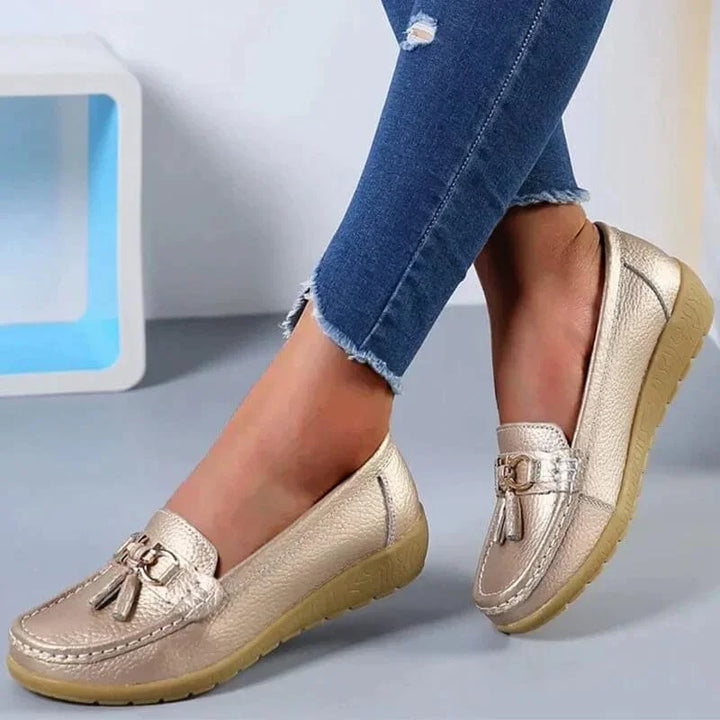 Flat Moc-Toe Tassel Loafers with Gold-Tone Buckle