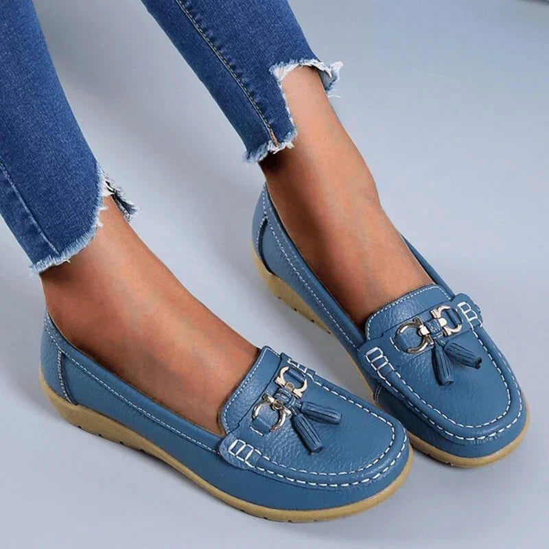 Flat Moc-Toe Tassel Loafers with Gold-Tone Buckle