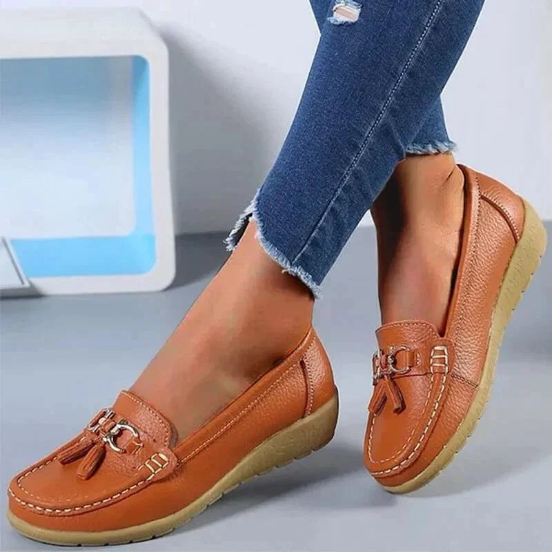Flat Moc-Toe Tassel Loafers with Gold-Tone Buckle