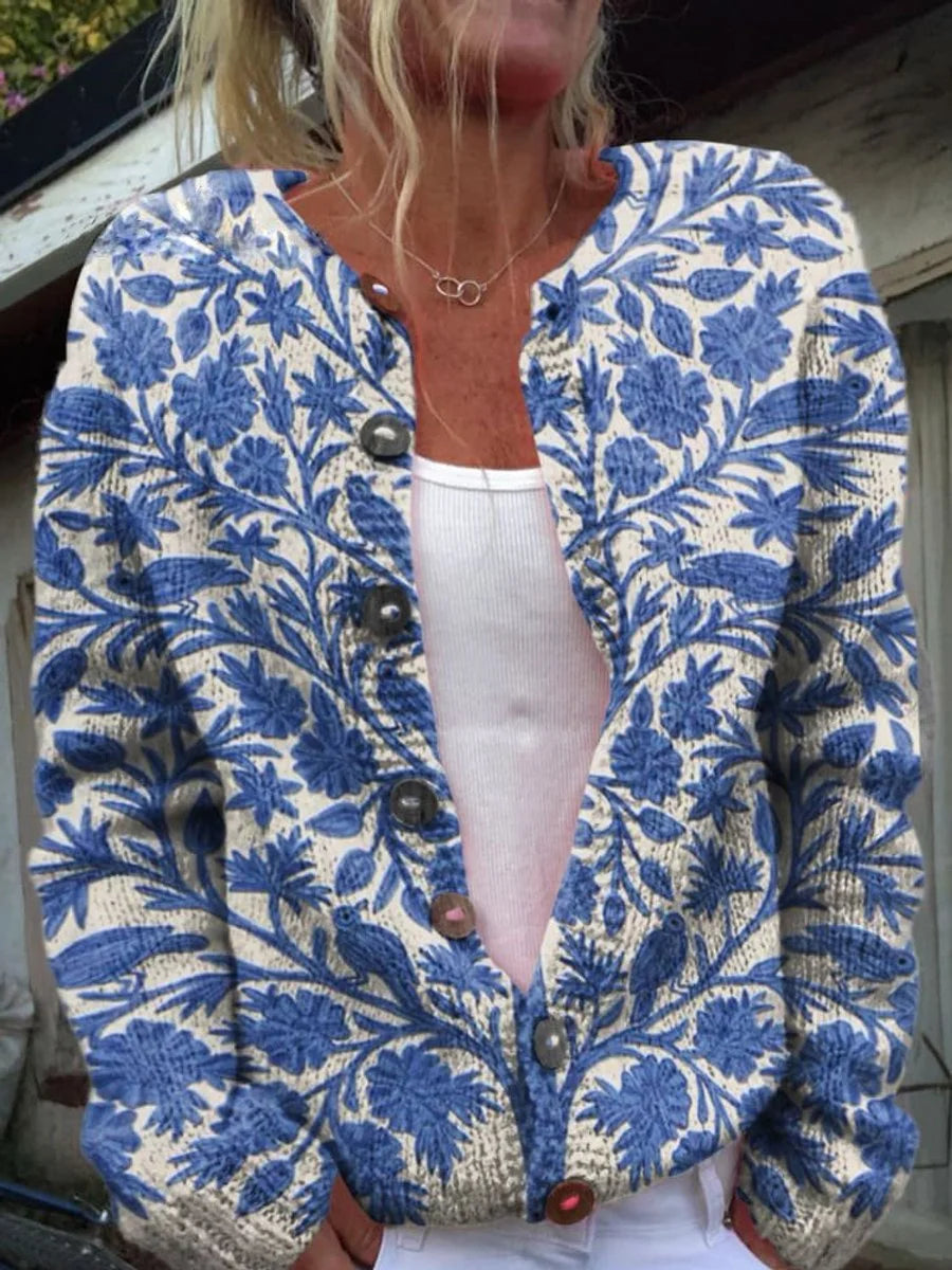 Floral Embroidered Button-Front Knit Cardigan