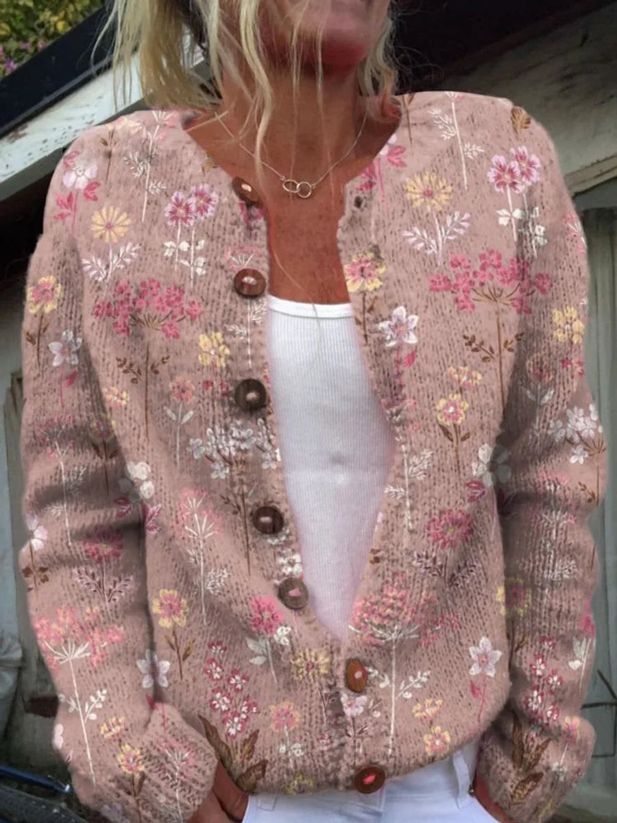 Floral Embroidered Button-Front Knit Cardigan