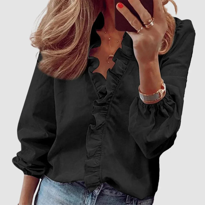 Floral Long Sleeve Blouse with Ruffled V-Neck