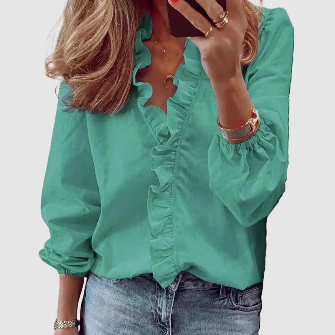 Floral Long Sleeve Blouse with Ruffled V-Neck