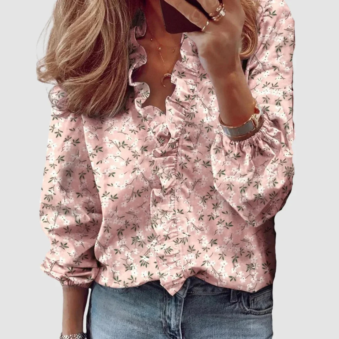 Floral Long Sleeve Blouse with Ruffled V-Neck