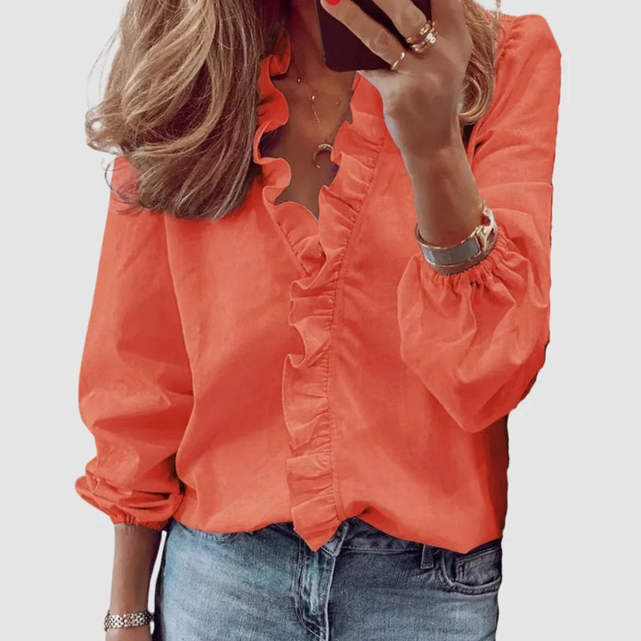 Floral Long Sleeve Blouse with Ruffled V-Neck