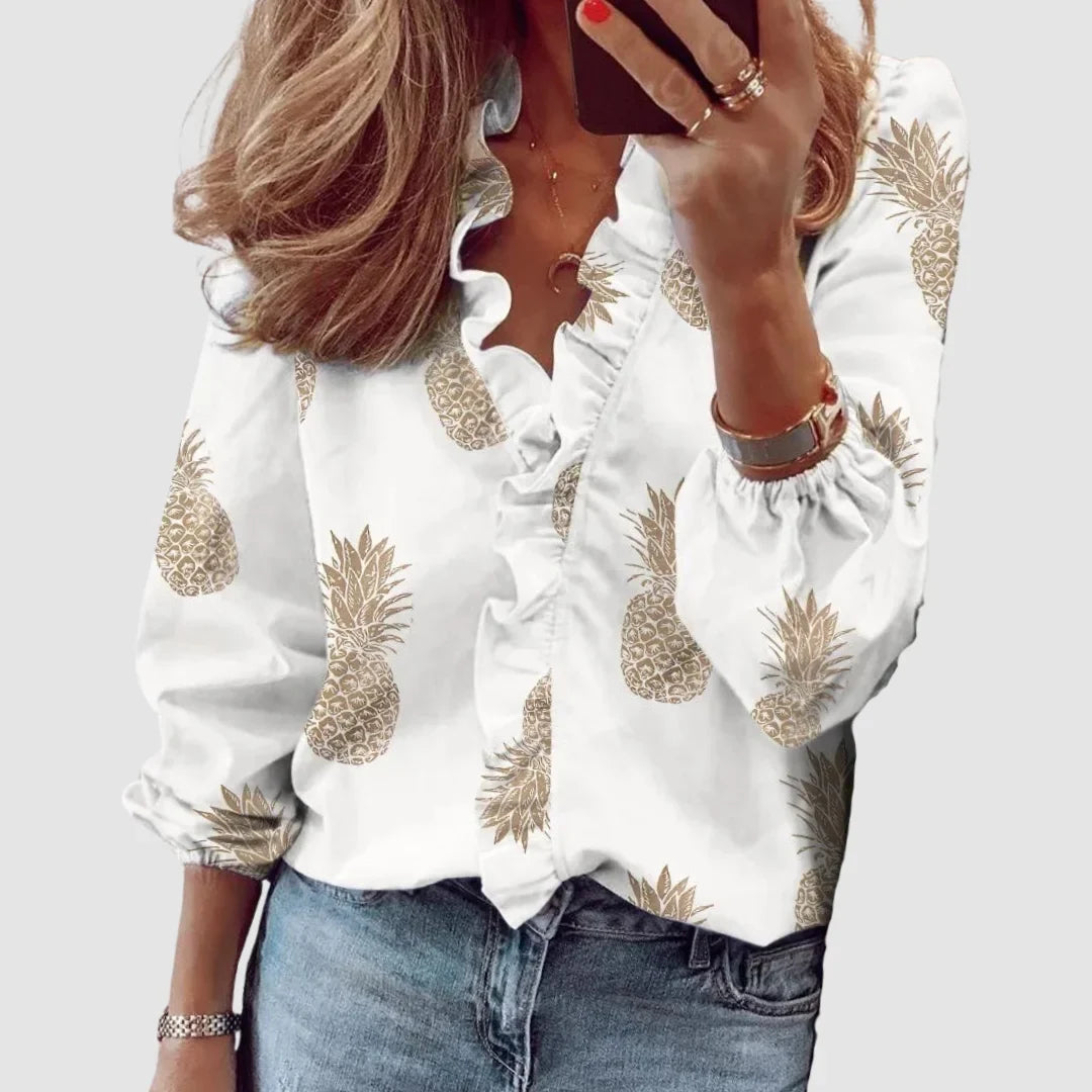 Floral Long Sleeve Blouse with Ruffled V-Neck
